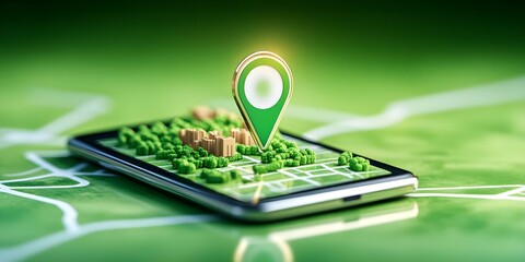 A smartphone displaying a 3D map with a location pin, surrounded by green landscapes and building models. Concept 3D Map Technology, Location Services, Urban Planning Models, Green Landscapes
