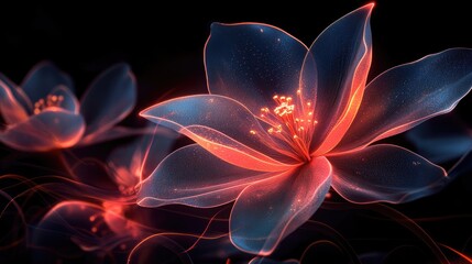 Obraz premium Exotic neon flowers with translucent petals glowing softly against a pitch-black backdrop. A futuristic twist on nature's delicate beauty, perfect for digital design.