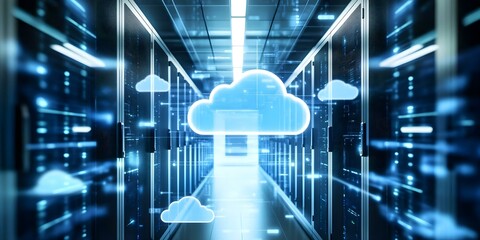 A modern data center with glowing cloud symbols, representing cloud computing and digital storage technology. Concept Modern Data Center Design, Cloud Computing Innovations