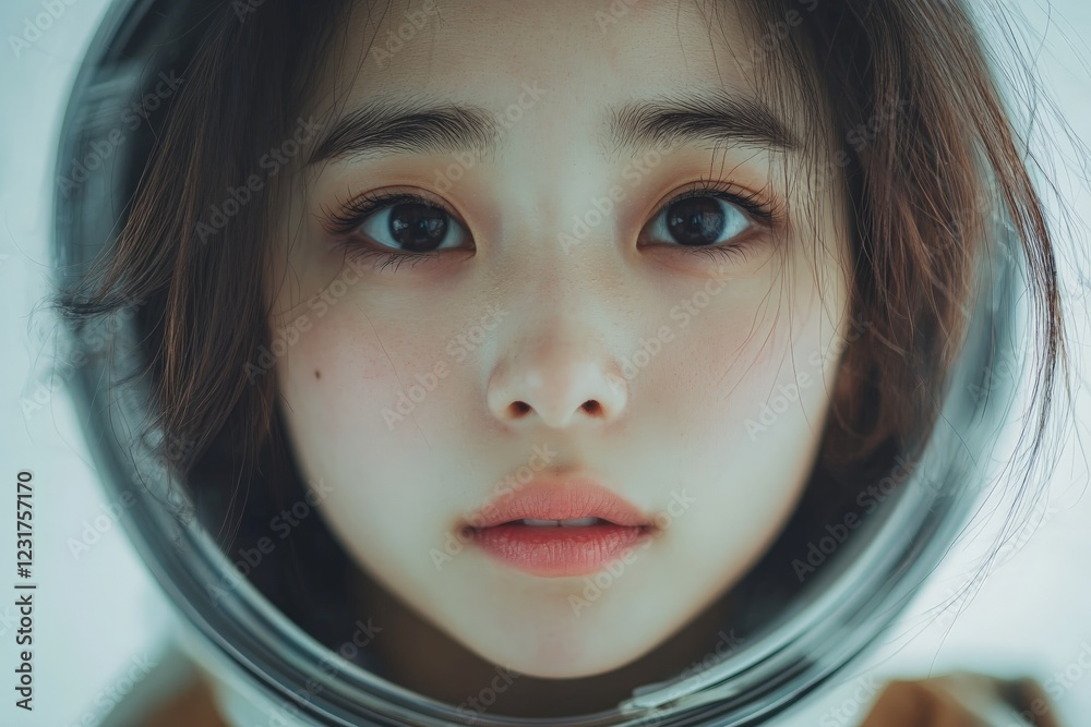 Poster portrait of a woman in an astronaut helmet against a soft backdrop capturing the essence of space ex
