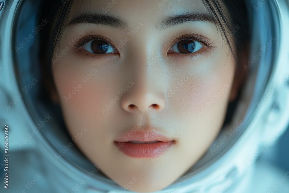 Poster portrait of a woman in a space suit with a focused expression, featuring a close-up perspective