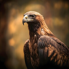 Obraz premium Eagle portrait with focused gaze, blurred forest background, for wildlife, nature, or conservation-related topics