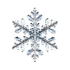 Intricate and detailed silver snowflake with icy edges, showcasing the beauty of winter and the uniqueness of each snow crystal.