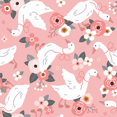 Seamless vector pattern with white goose on floral background. Hand drawn cute Easter goose pattern. Perfect for textile, wallpaper or nursery print design.