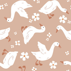 Seamless vector pattern with white goose on floral background. Hand drawn cute Easter goose pattern. Perfect for textile, wallpaper or nursery print design.