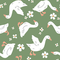 Obraz premium Seamless vector pattern with white goose on floral background. Hand drawn cute Easter goose pattern. Perfect for textile, wallpaper or nursery print design.