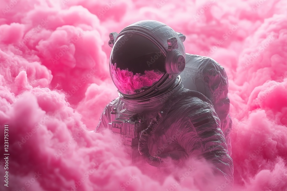 Poster astronaut exploring vibrant pink clouds in a surreal extraterrestrial environment