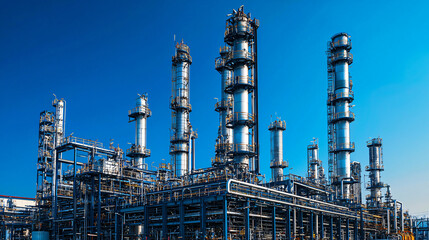 Fototapeta premium A natural gas processing unit with distillation columns, heat exchangers, and pipelines, under a clear blue sky.