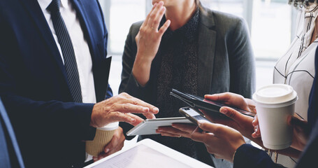 Business people, hands and meeting with tablet or phone for data sync, network or online innovation...
