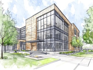 Fototapeta premium Modern Office Building Architectural Design With Landscaping