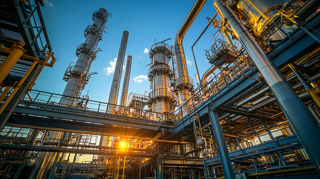 A natural gas processing unit with distillation columns, heat exchangers, and pipelines, under a clear blue sky.