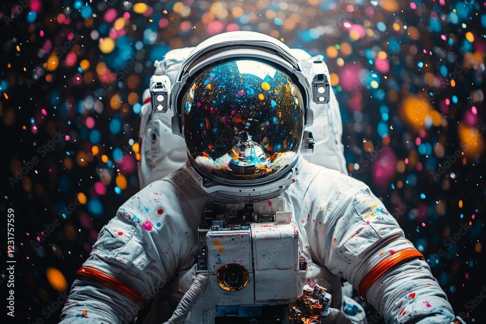 Aufkleber Astronaut in a colorful space setting with vibrant confetti swirling around