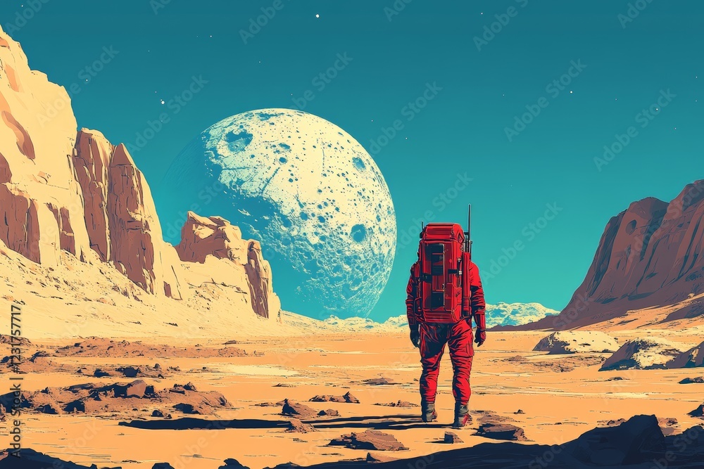 Aufkleber Astronaut exploring an alien landscape with a massive moon in the background