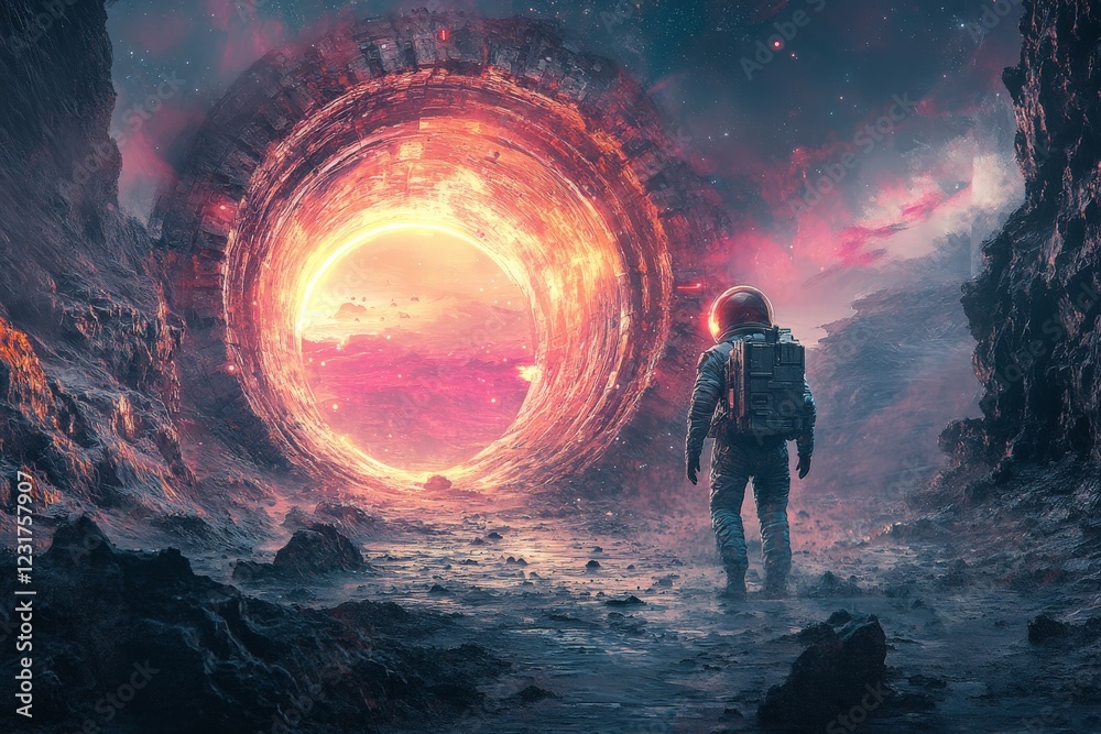 Poster Astronaut stands before a glowing portal in a surreal landscape with colorful celestial elements and rocky terrain