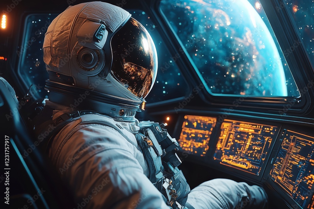 Poster Astronaut explores the cosmos while seated at the controls of a spacecraft near Earth during a space mission