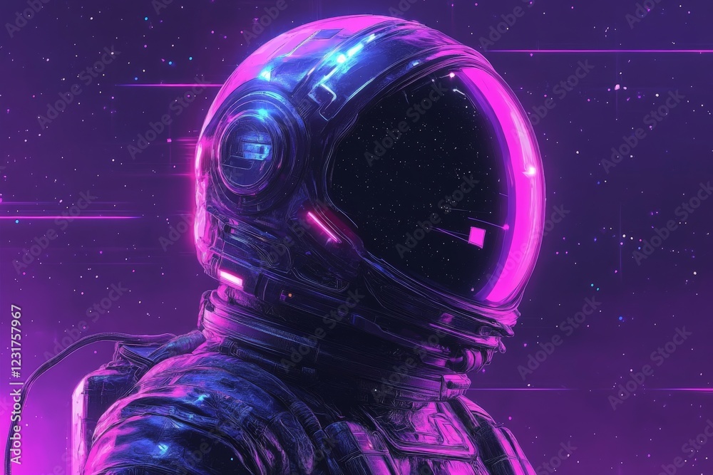 Poster vibrant astronaut in a cosmic landscape with neon colors and starlit background