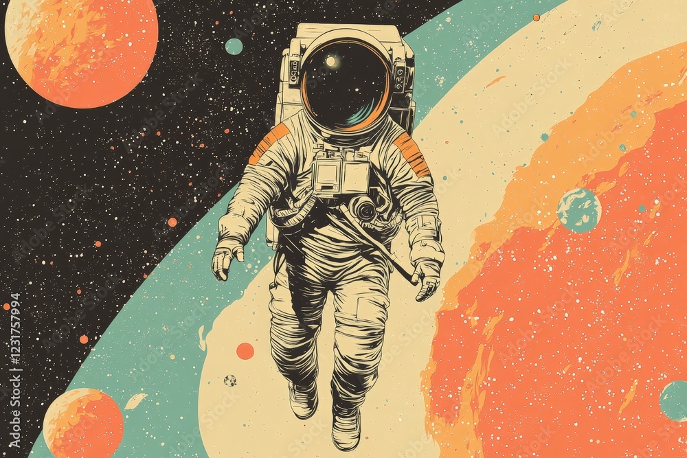 Poster astronaut exploring a vibrant outer space scene with planets and stars