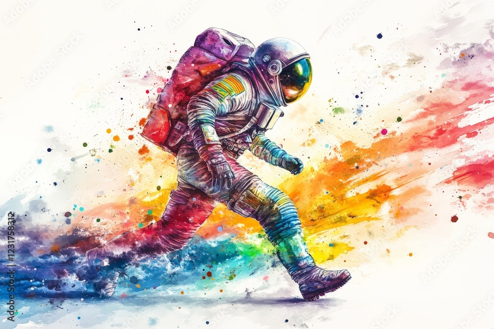 Aufkleber colorful astronaut running through a cosmic landscape with vibrant brush strokes and splashes of col