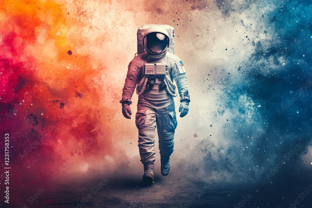Poster astronaut explores vibrant cosmic landscape in deep space during a futuristic journey of discovery a