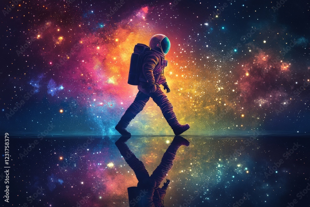 Poster astronaut walking through vibrant space with colorful cosmic background and reflective surface