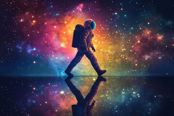 Obraz premium Astronaut walking through vibrant space with colorful cosmic background and reflective surface