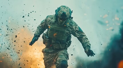 Fototapeta premium Soldier Running Through Explosions Combat Scene