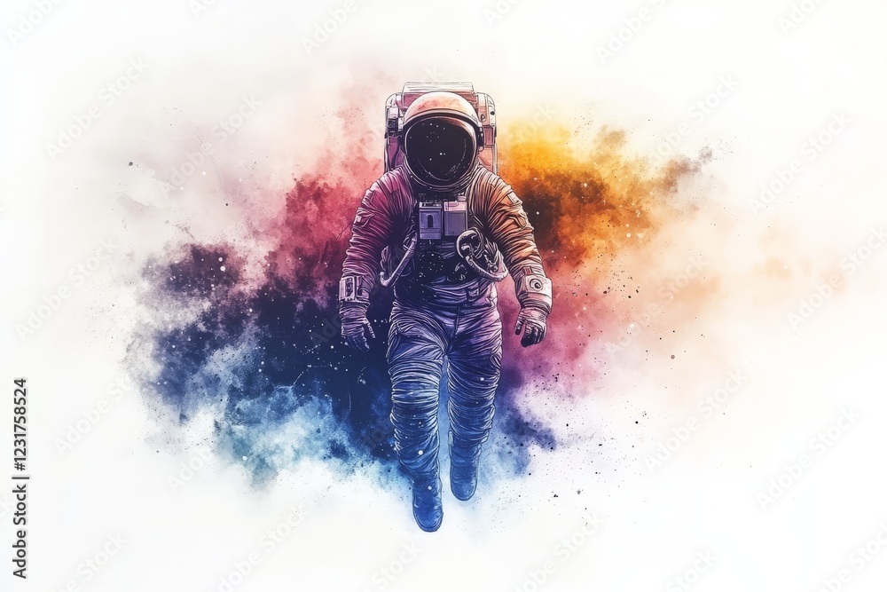 Poster astronaut exploring cosmic colors in a vibrant space setting with swirling nebulae around