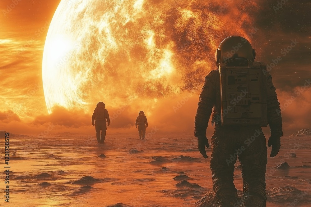 Poster three astronauts exploring a distant alien landscape under the glow of a massive star