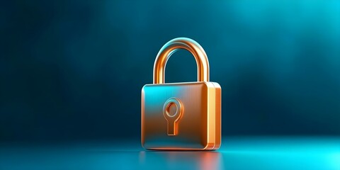 Fototapeta premium A shiny golden padlock on a teal background, symbolizing security and protection. Concept Golden Padlock Symbolism, Teal Background Aesthetics, Security and Protection Themes, Visual Design Elements