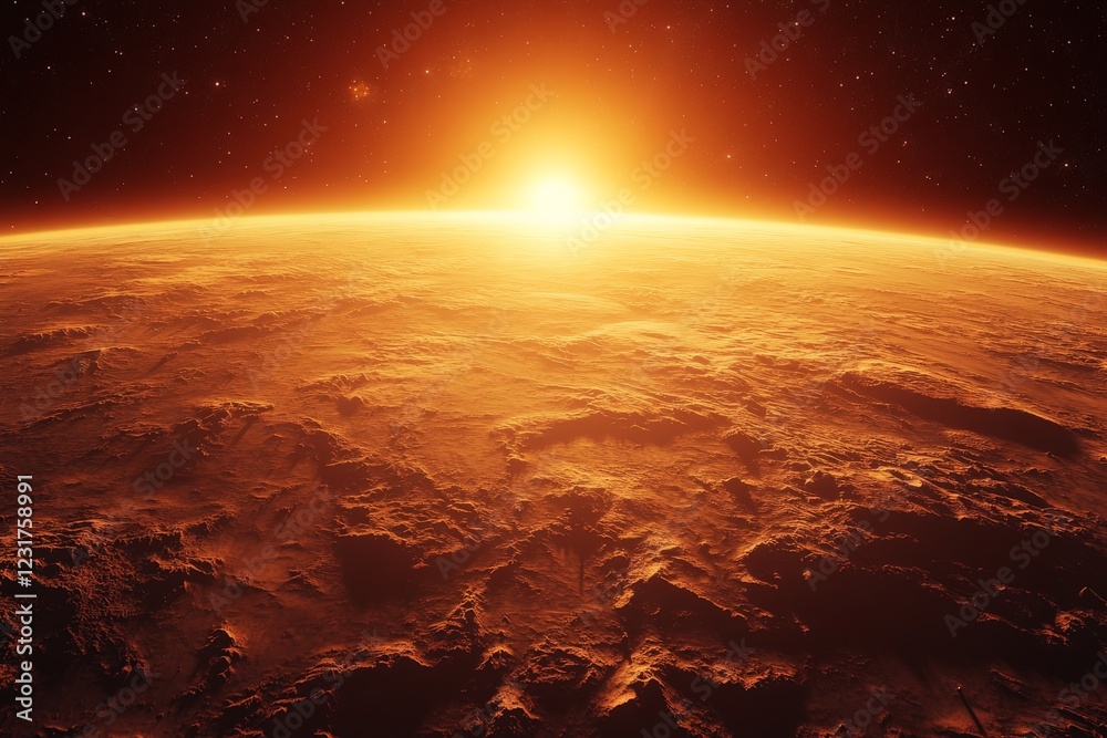 Aufkleber solar sunrise over the surface of mars illuminating the rugged terrain and casting an orange glow on