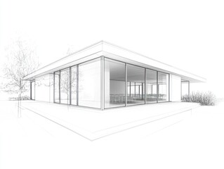 Architectural Sketch Modern Building Design With Glass Walls