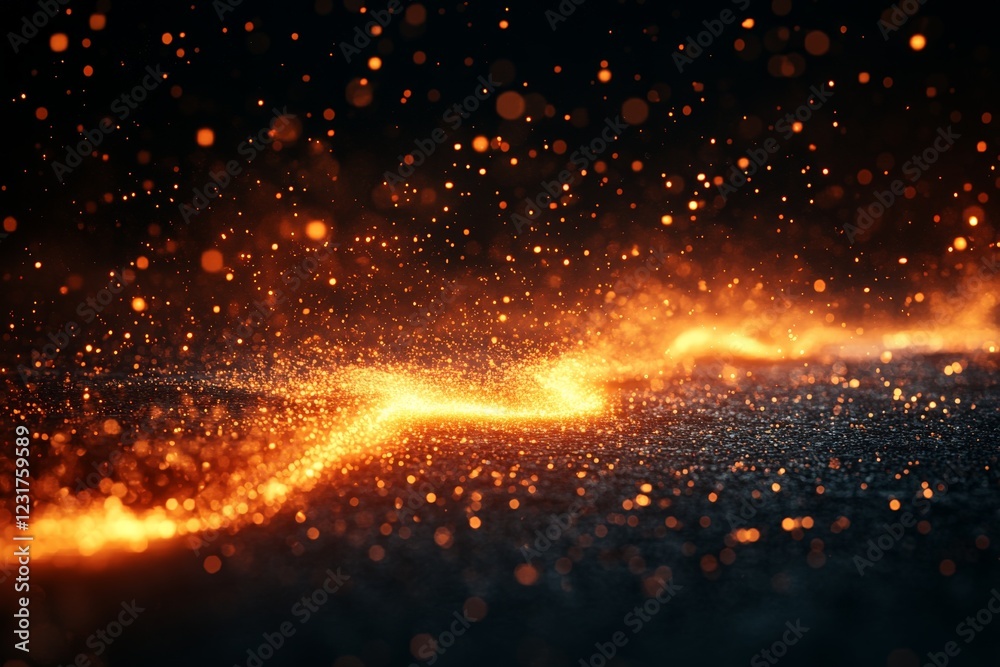 Poster Glowing orange particles create a shimmering effect on a dark surface during an artistic display at night