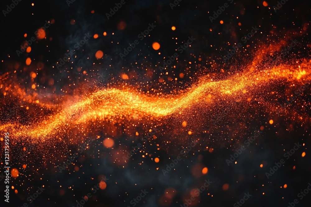 Poster Dynamic orange spark wave against a dark background creating a mesmerizing visual effect of flowing energy and light
