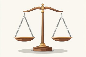A wooden balance scale with chains hangs evenly on both sides, signifying justice and impartiality