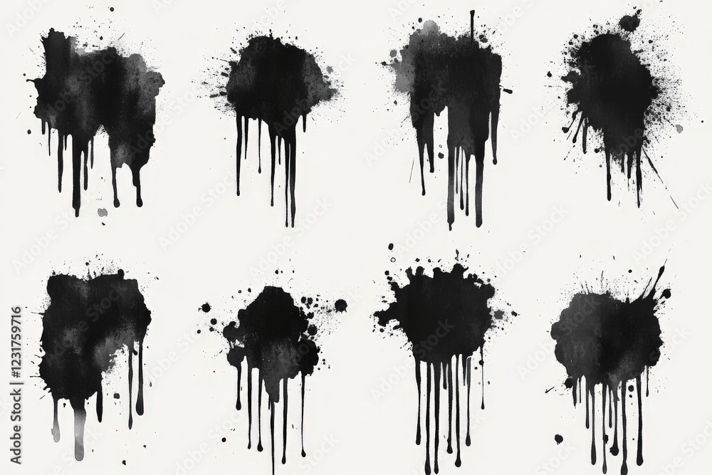 Poster Black paint splatter patterns create an artistic display on a light background