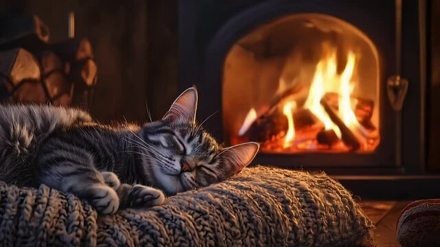 Tabby cat sleeping on a knitted blanket by the fire