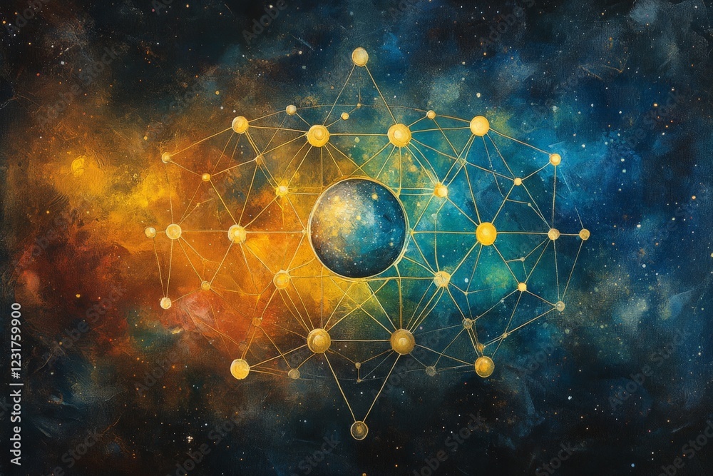 Poster Cosmic network illustration showcasing a vibrant universe with gold nodes and interconnected lines in a galaxy setting