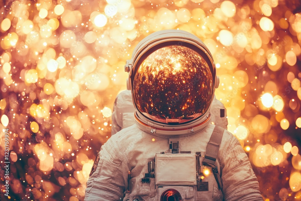 Poster astronaut in glowing golden environment surrounded by sparkling lights and vibrant cosmic reflection