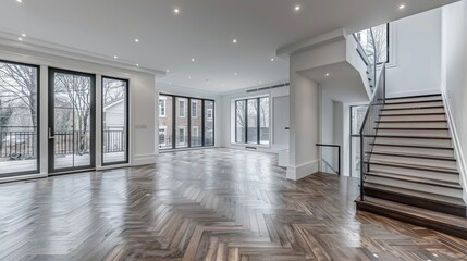Fototapeta premium A bright, spacious room with white walls and wooden floors, featuring herringbone wood flooring in the center of an empty space