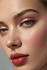 Naklejka premium Close up of beautiful woman's face with makeup, fresh and smooth skin and lipstick with light background. Beautiful woman with makeup