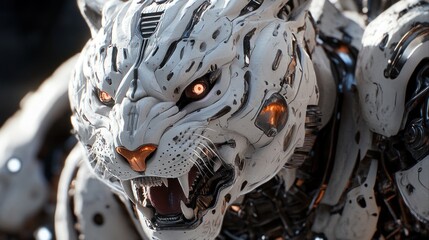 Robotic white tiger head, close-up, snarling, metallic, futuristic.