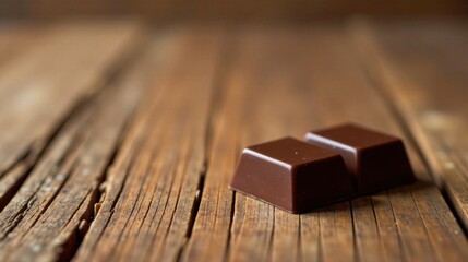 Two Dark Chocolate Squares Resting on a Rustic Wooden Surface