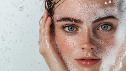 Naklejka premium Young Woman Washing Face with Foaming Cleanser, Skincare Routine with Copy Space