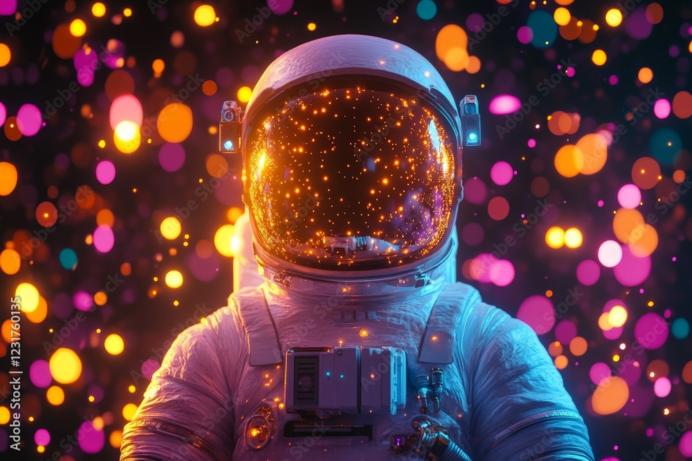 Aufkleber Astronaut surrounded by colorful lights in a cosmic setting evokes a sense of wonder and exploration
