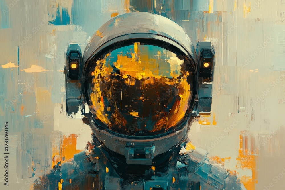 Poster astronaut in vibrant abstract background showcases exploration and cosmic adventure in a futuristic 