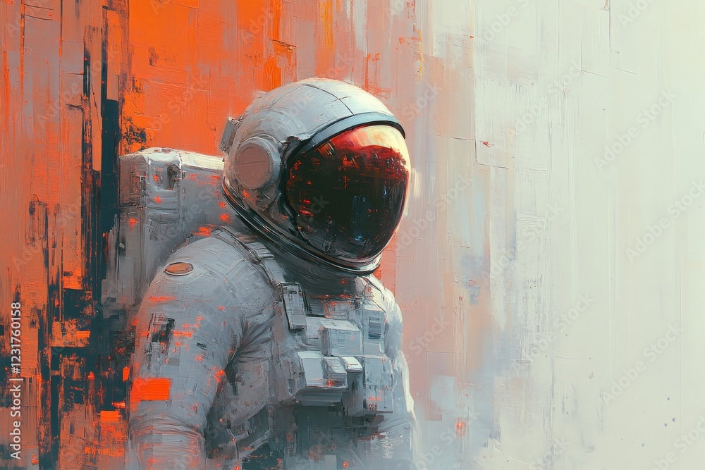 Poster astronaut standing against a vibrant abstract background with orange and white hues in a futuristic 