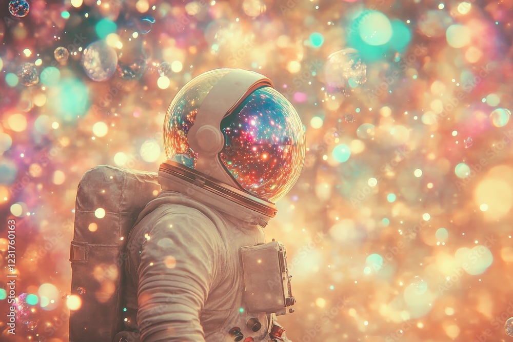 Aufkleber astronaut observing cosmic bubbles illuminated by colorful starlight in a surreal space environment