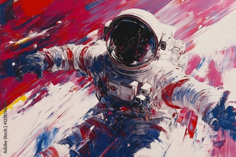 Aufkleber dynamic portrayal of an astronaut floating in space with vibrant colors and bold strokes showcasing 