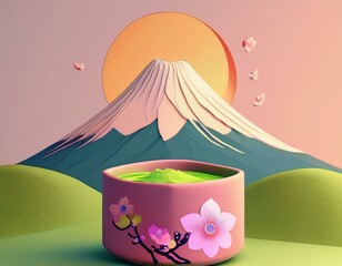 A concept poster for a traditional Japanese matcha brand. The background features a soft watercolor painting of Mount Fuji. In the foreground, a chawan (matcha bowl) with a beautiful cherry blossom