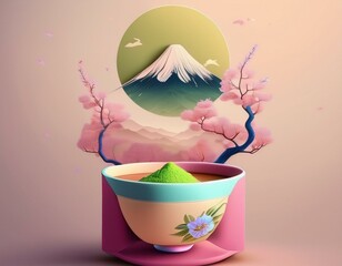 A concept poster for a traditional Japanese matcha brand. The background features a soft watercolor painting of Mount Fuji. In the foreground,  a beautiful bowl design is filled with matcha powder